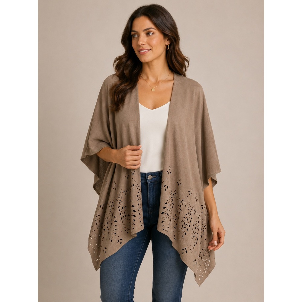 Chico's Poncho Wrap Womens One Size Brown Faux Suede Laser Cut Out Open Front